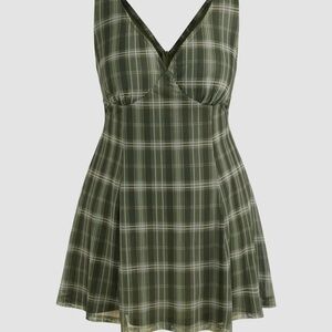 Cider V-Neck Green Plaid Sleeveless Dress